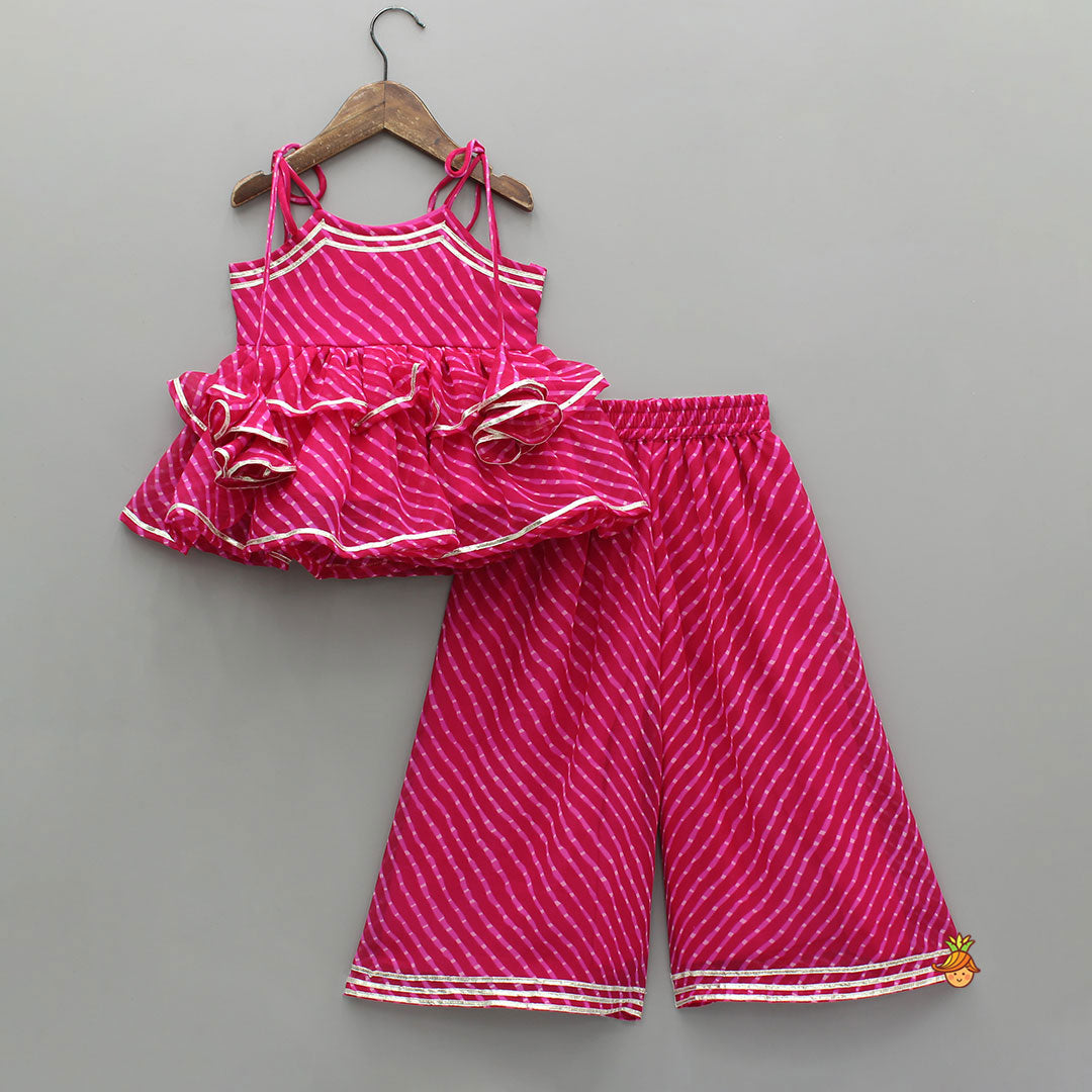 Leheriya Printed Pink Tie Up Straps Kurti And Flared Palazzo