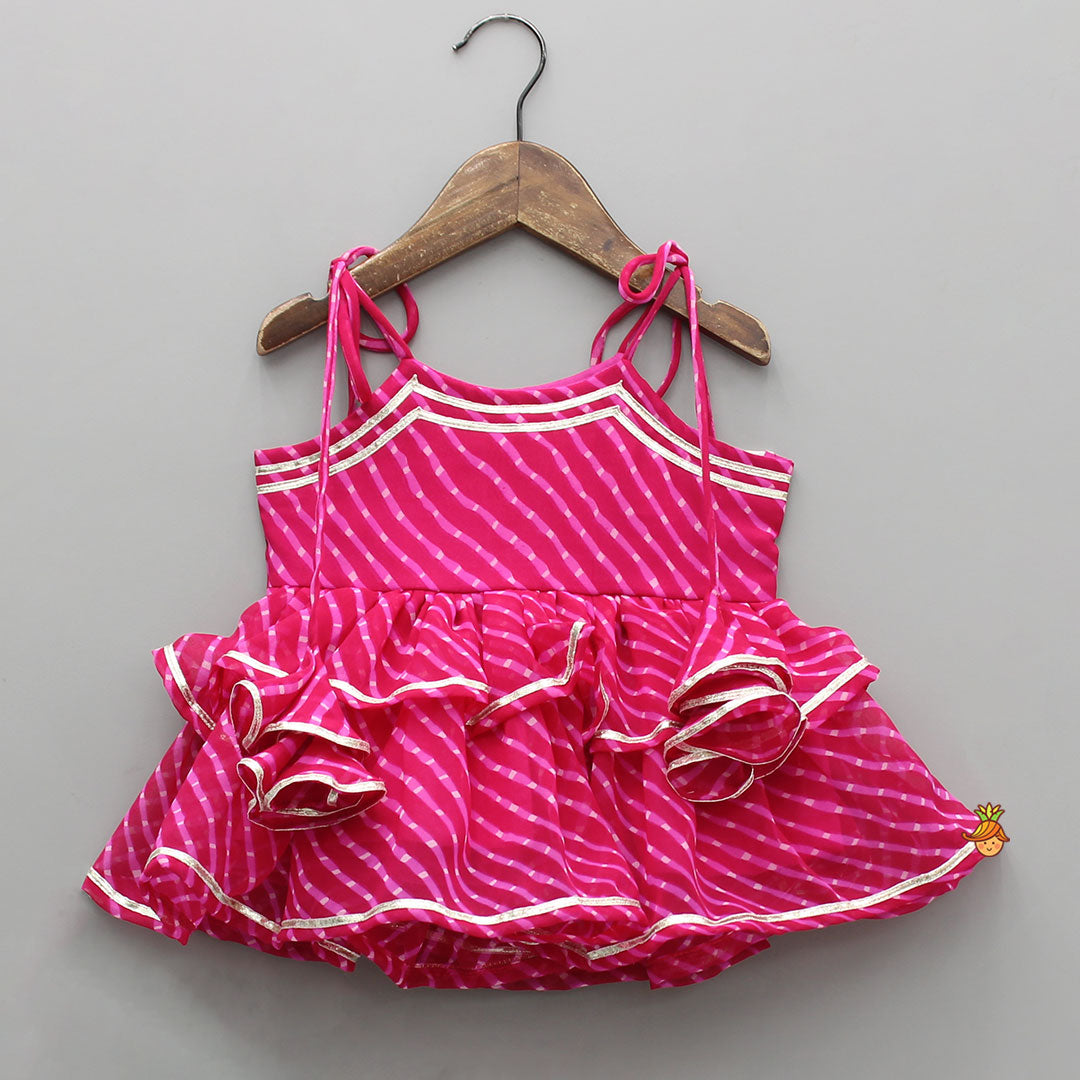 Leheriya Printed Pink Tie Up Straps Kurti And Flared Palazzo
