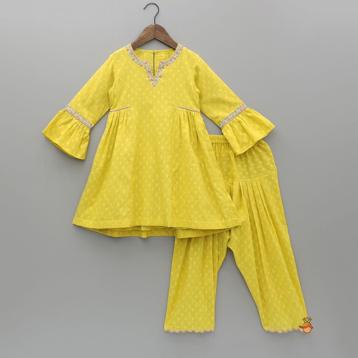 Embroidered Yellow Kurti And Salwar With Dupatta