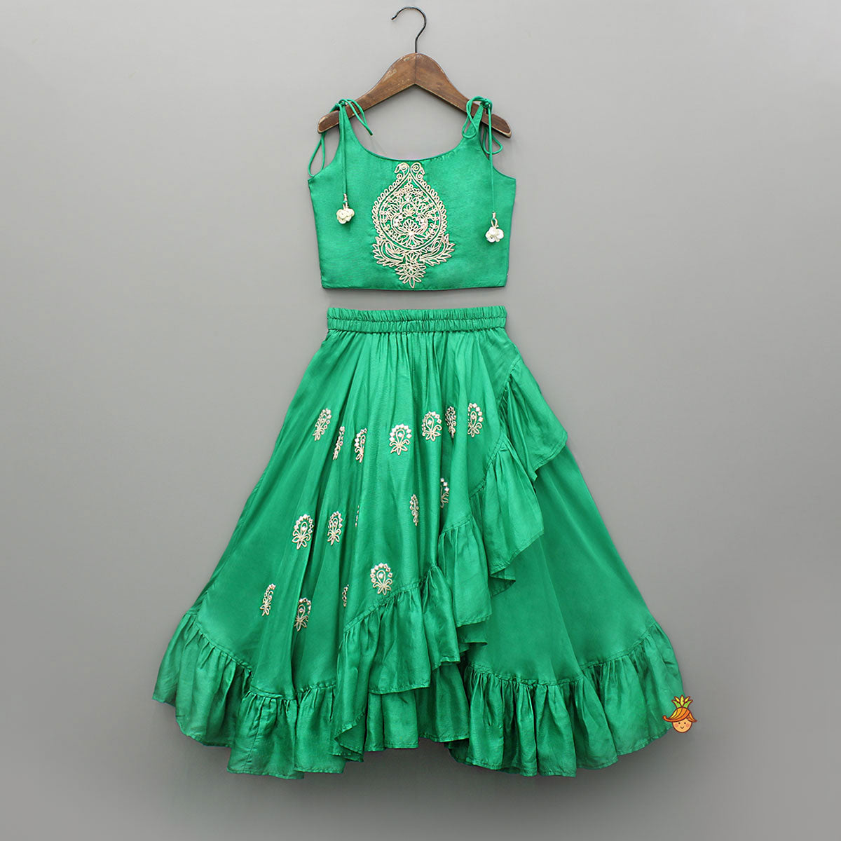 Green Dori Embroidered Strappy Top And Stylish Layered Lehenga