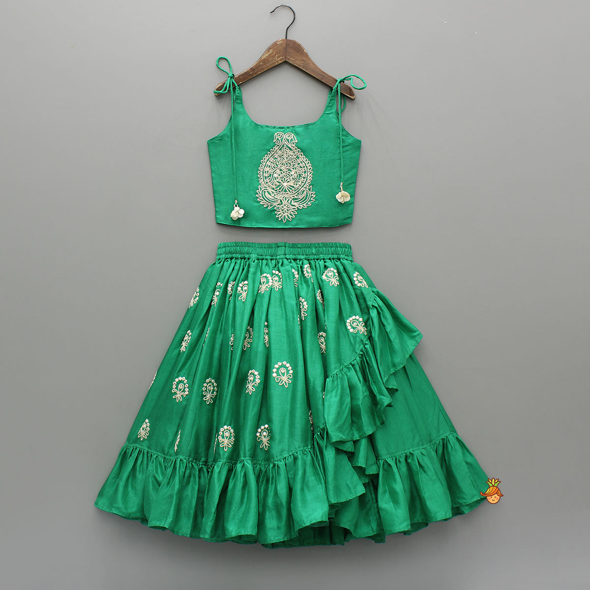 Green Dori Embroidered Strappy Top And Stylish Layered Lehenga