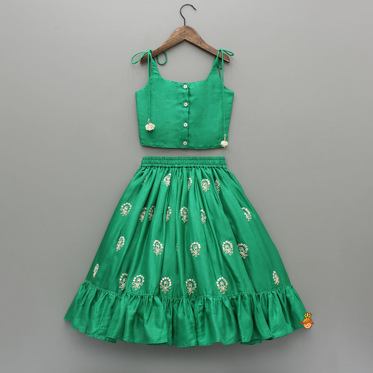 Green Dori Embroidered Strappy Top And Stylish Layered Lehenga