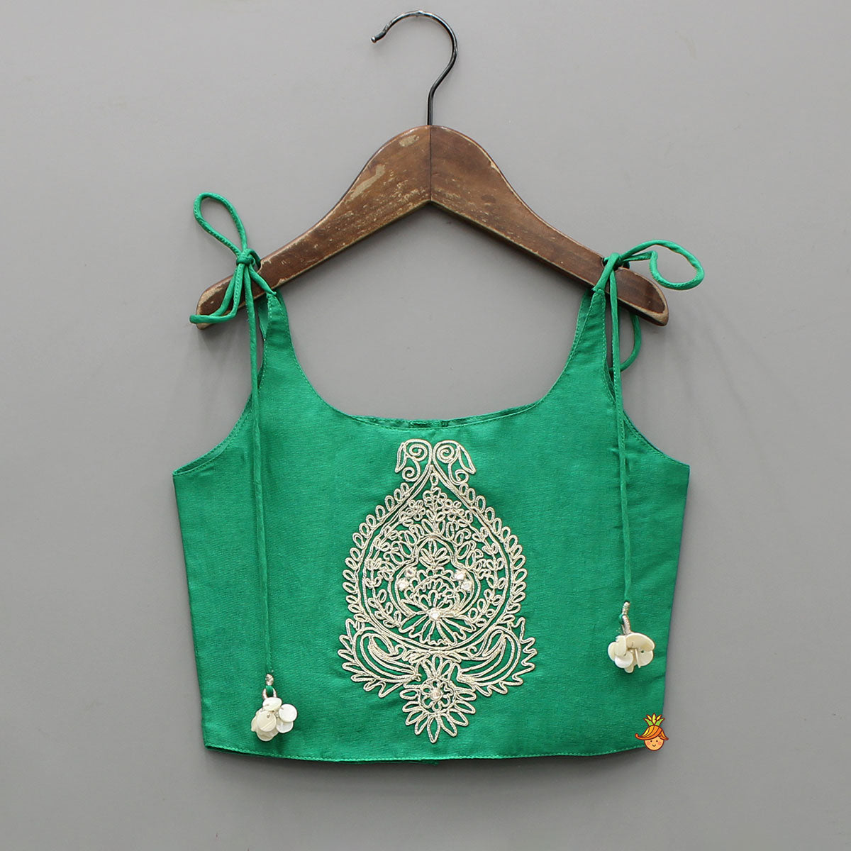 Green Dori Embroidered Strappy Top And Stylish Layered Lehenga