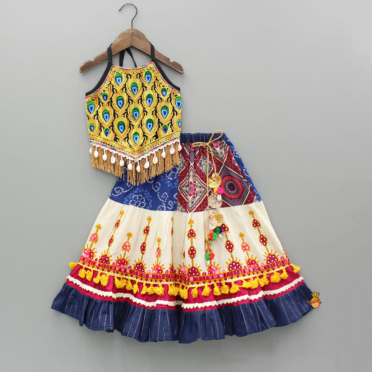 Multicolour Thread Embroidered Halter Neck Top And Lehenga