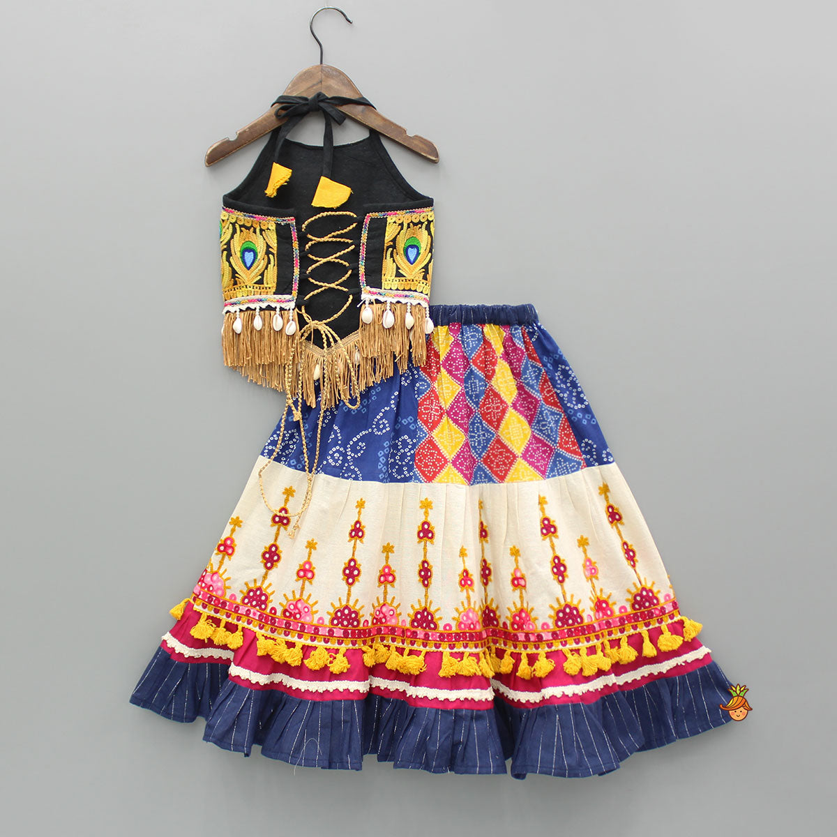 Multicolour Thread Embroidered Halter Neck Top And Lehenga