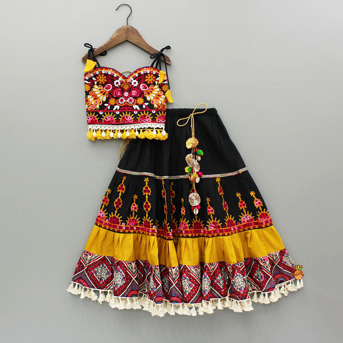 Black Multicolour Embroidered Strap Top And Lehenga