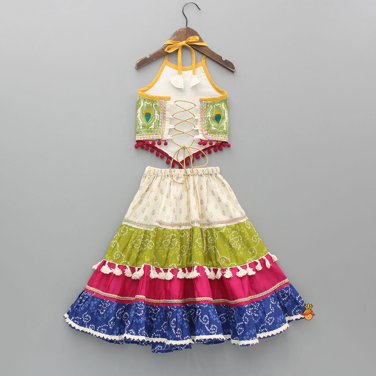 Halter Neck Thread Embroidered Top And Multi Printed Lehenga