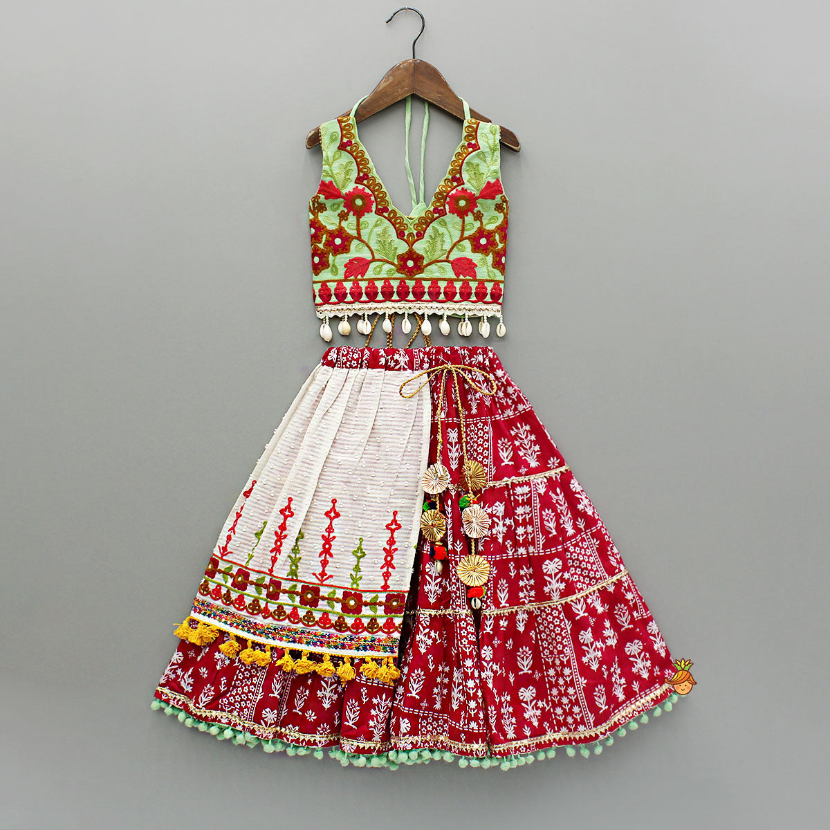 Multicolour Thread Embroidered Top And Printed Lehenga