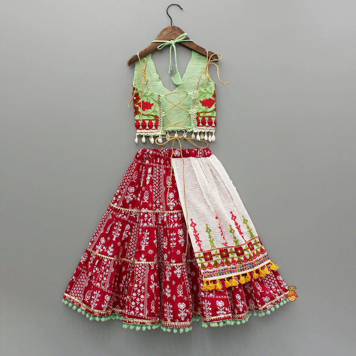 Multicolour Thread Embroidered Top And Printed Lehenga