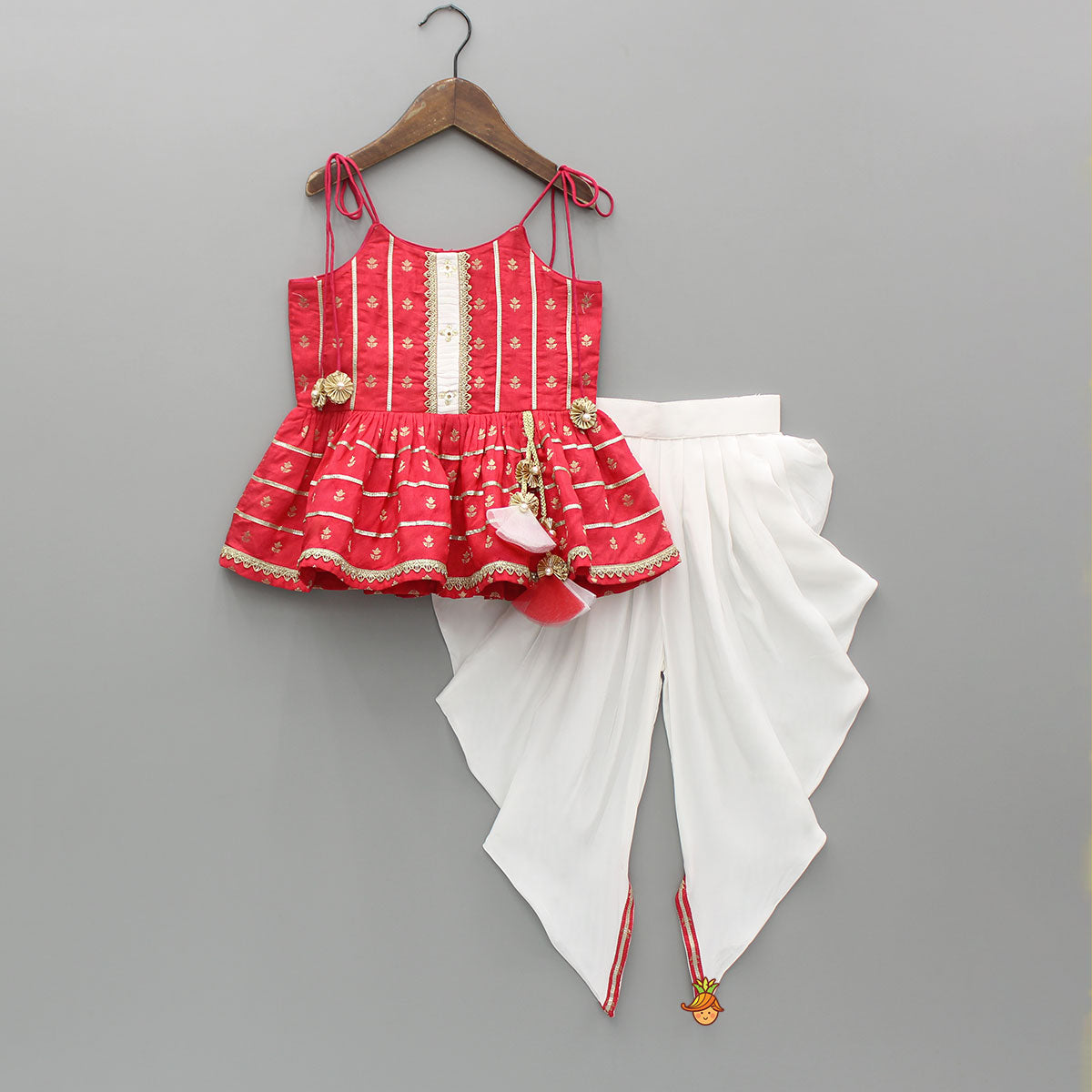 Embroidered Strappy Peplum Top And Dhoti With Dupatta