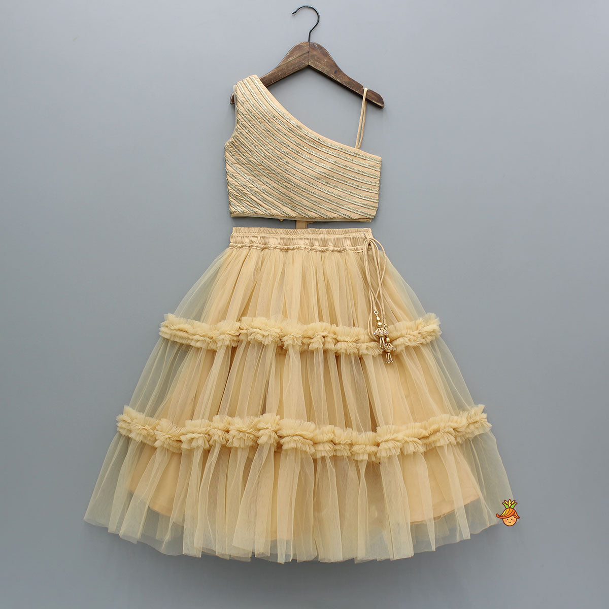 Beige Lace Work One Shoulder Top And Ruffle Lehenga