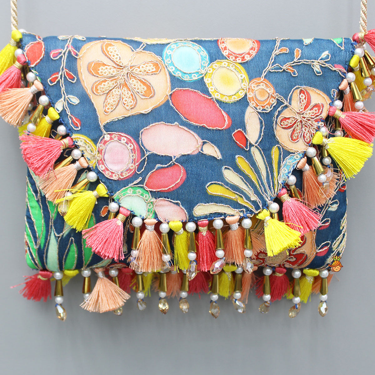 Blue Multicoloured Printed And Embroidered Sling Bag