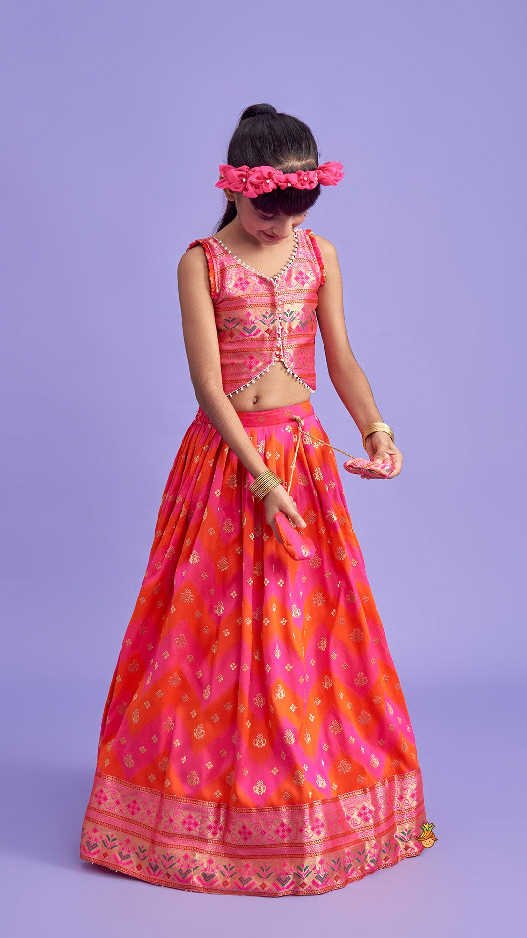 Dual Tone Brocade Embroidered Top And Lehenga