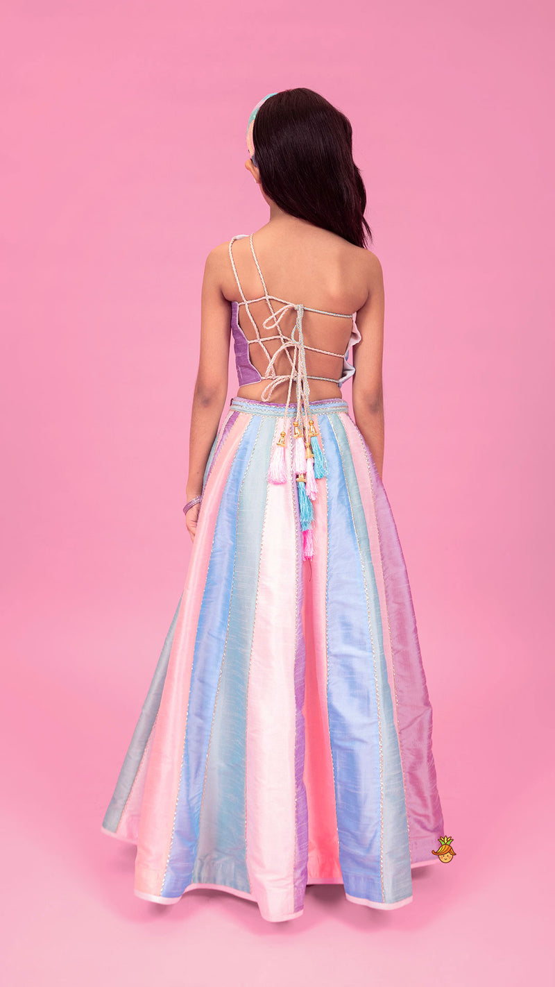 Pre Order: Colour Blocked Multicoloured Top With Lehenga And Dupatta main image 1
