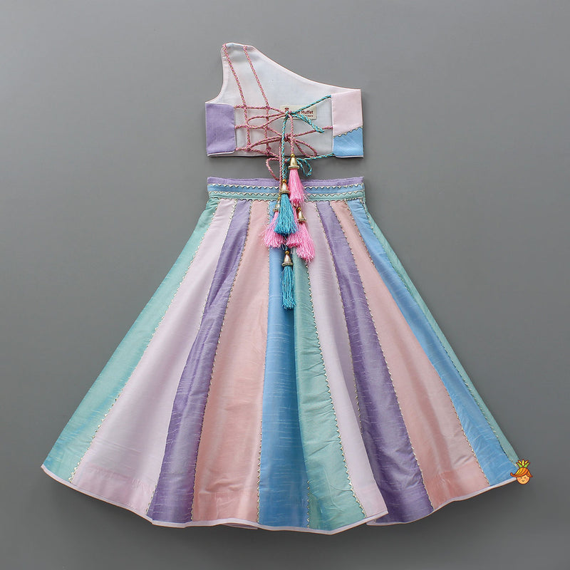 Pre Order: Colour Blocked Multicoloured Top With Lehenga And Dupatta main image 0