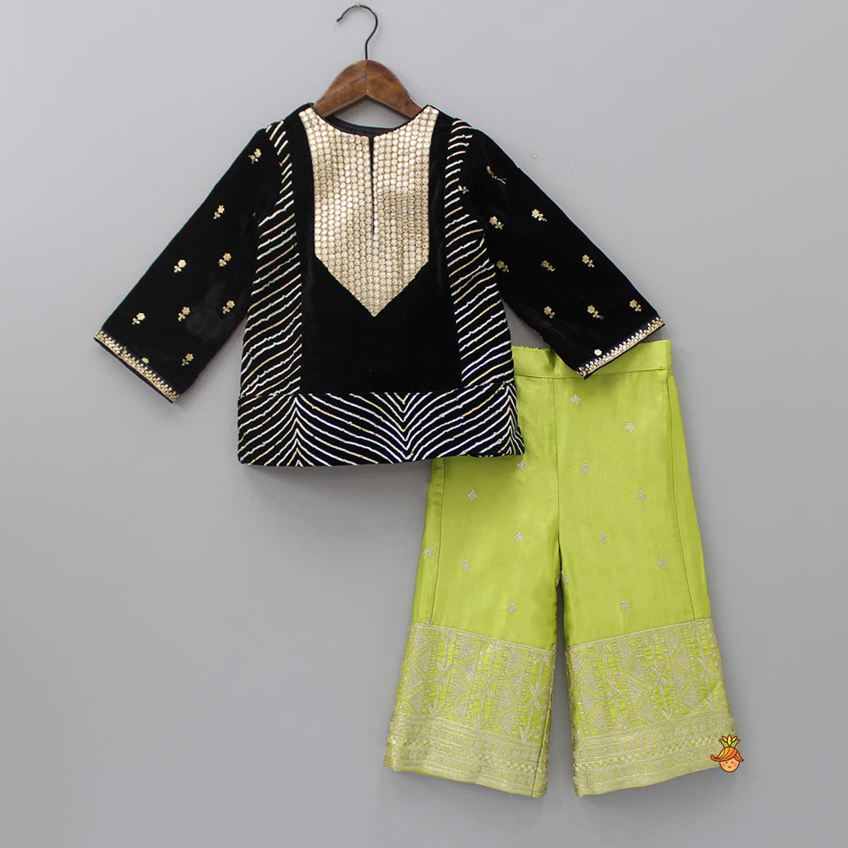 Embroidered Black Velvet Top With Green Palazzo And Dupatta