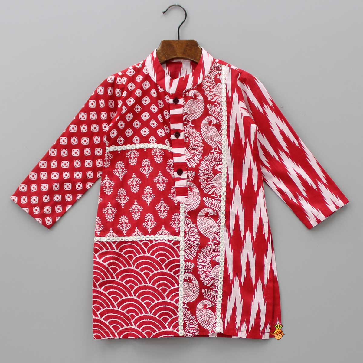 Faux Mirror Work Multi Printed Red Kurta And Pyjama