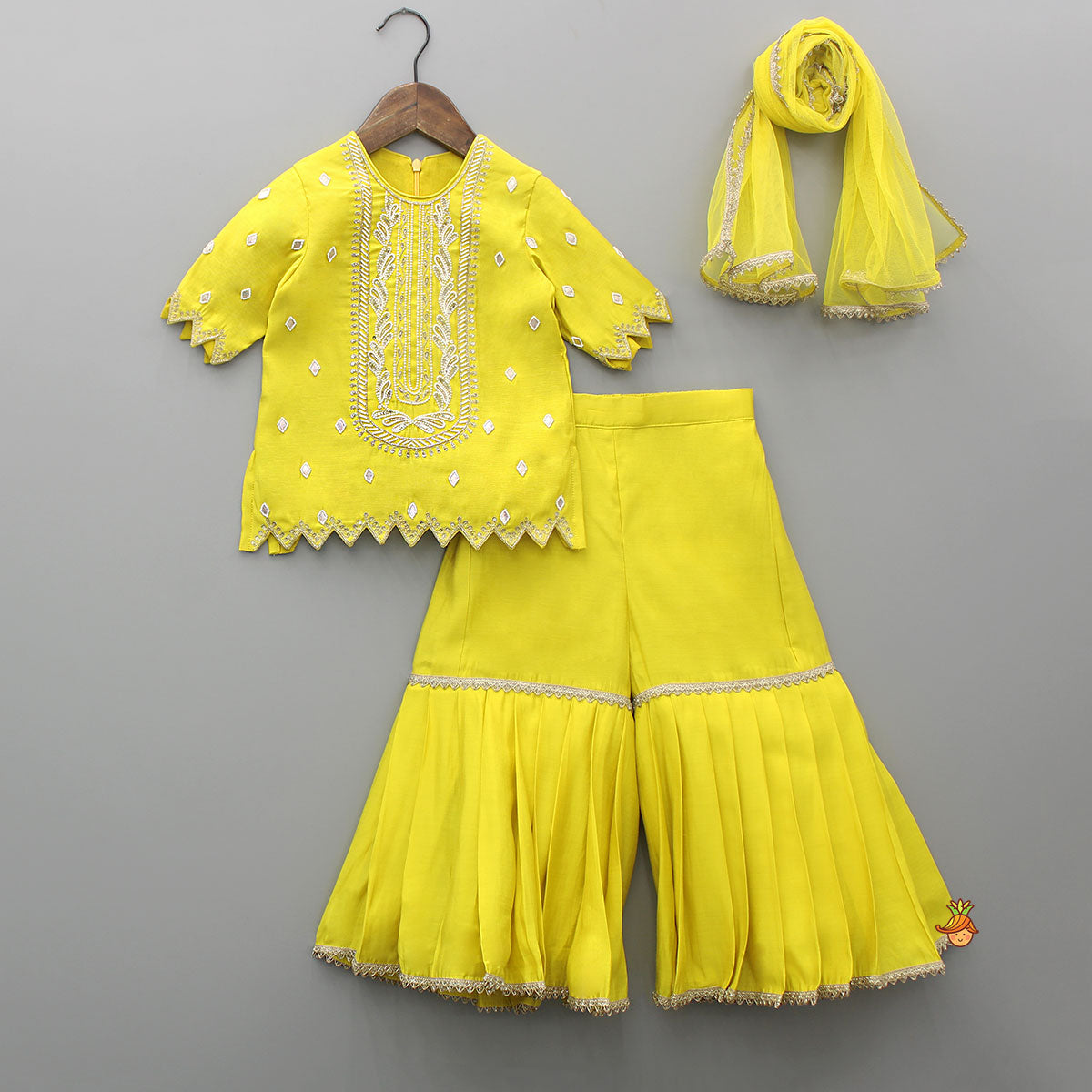 Embroidered Yellow Kurti With Sharara And Dupatta