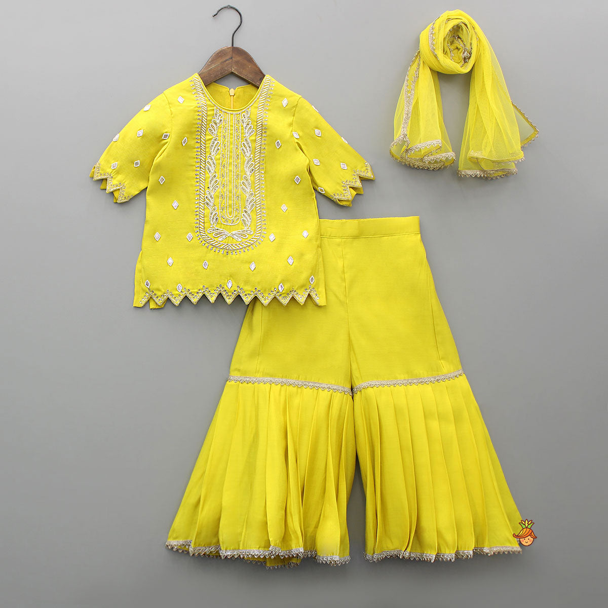 Embroidered Yellow Kurti With Sharara And Dupatta