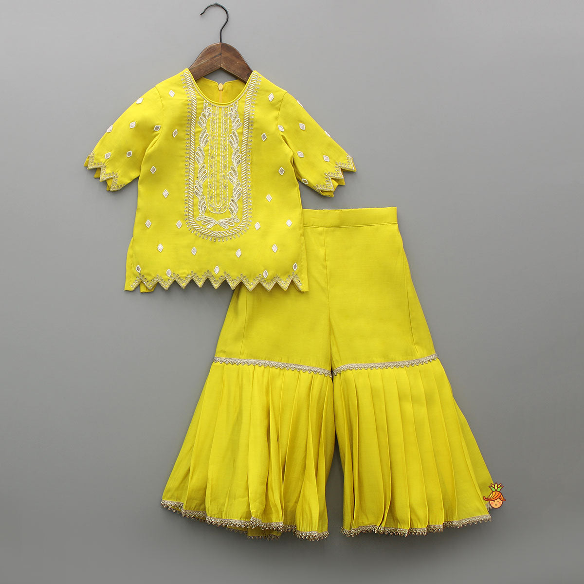 Embroidered Yellow Kurti With Sharara And Dupatta