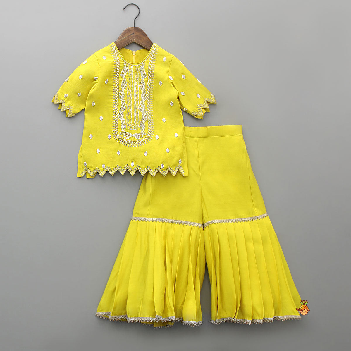 Embroidered Yellow Kurti With Sharara And Dupatta