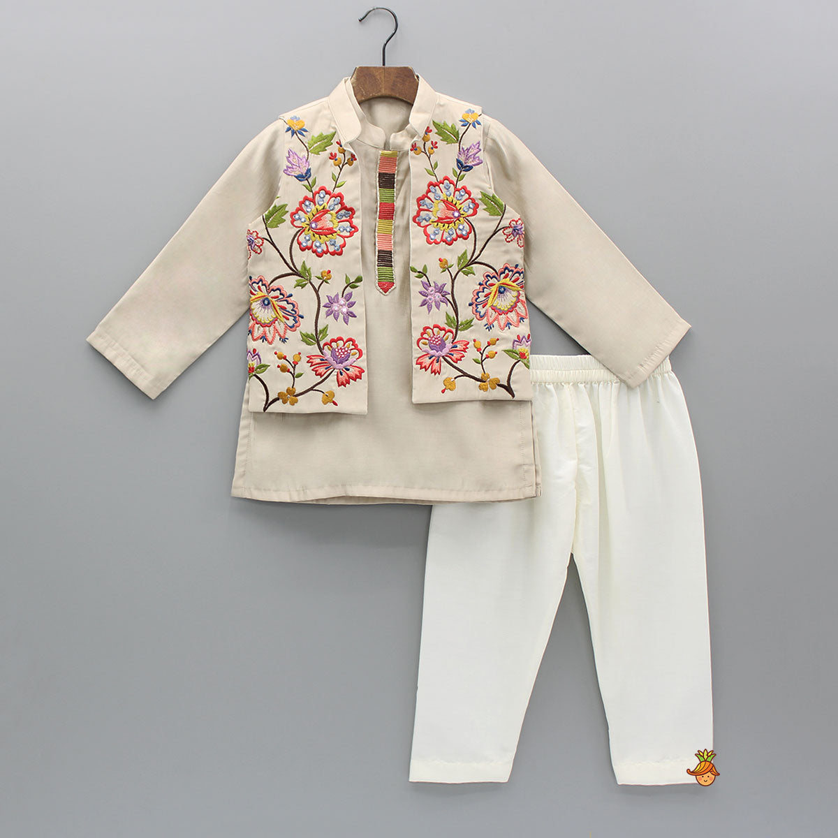 Beige Kurta And Embroidered Front Open Jacket With Pyjama