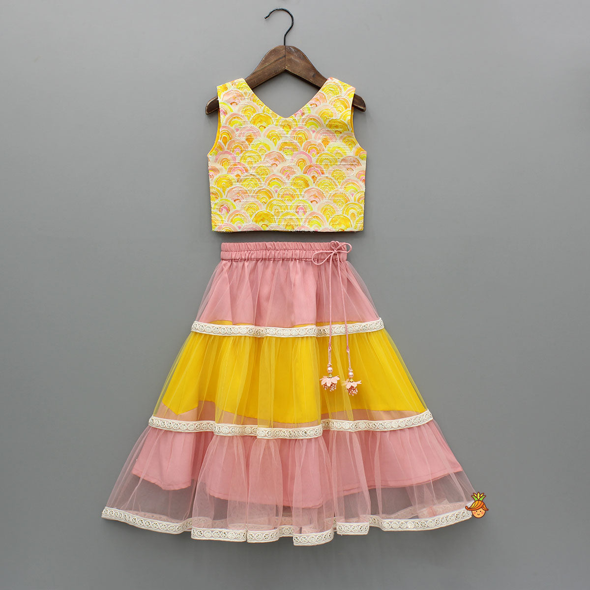 Yellow Printed Embroidered Top And Dual Tone Lehenga With Dupatta