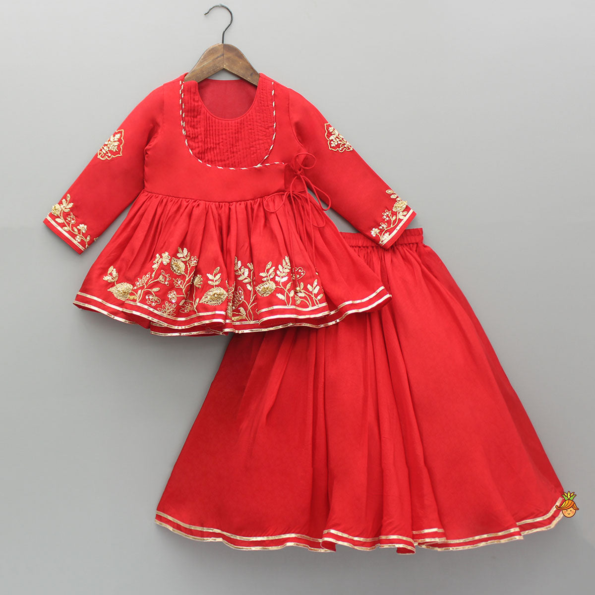 Red Embroidered Angarkha Style Peplum Top And Lehenga