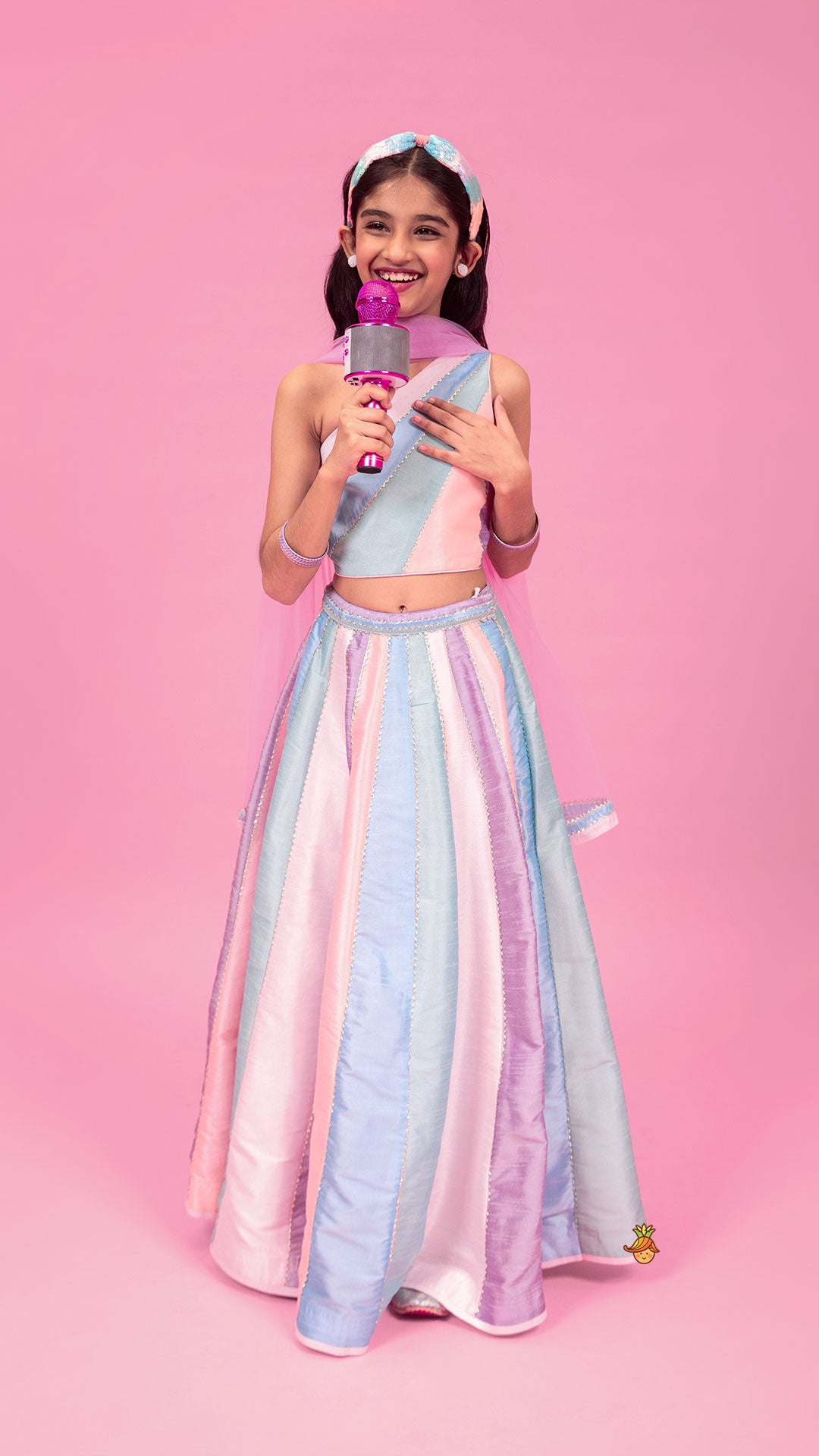 Colour Blocked Multicoloured Top With Lehenga And Dupatta