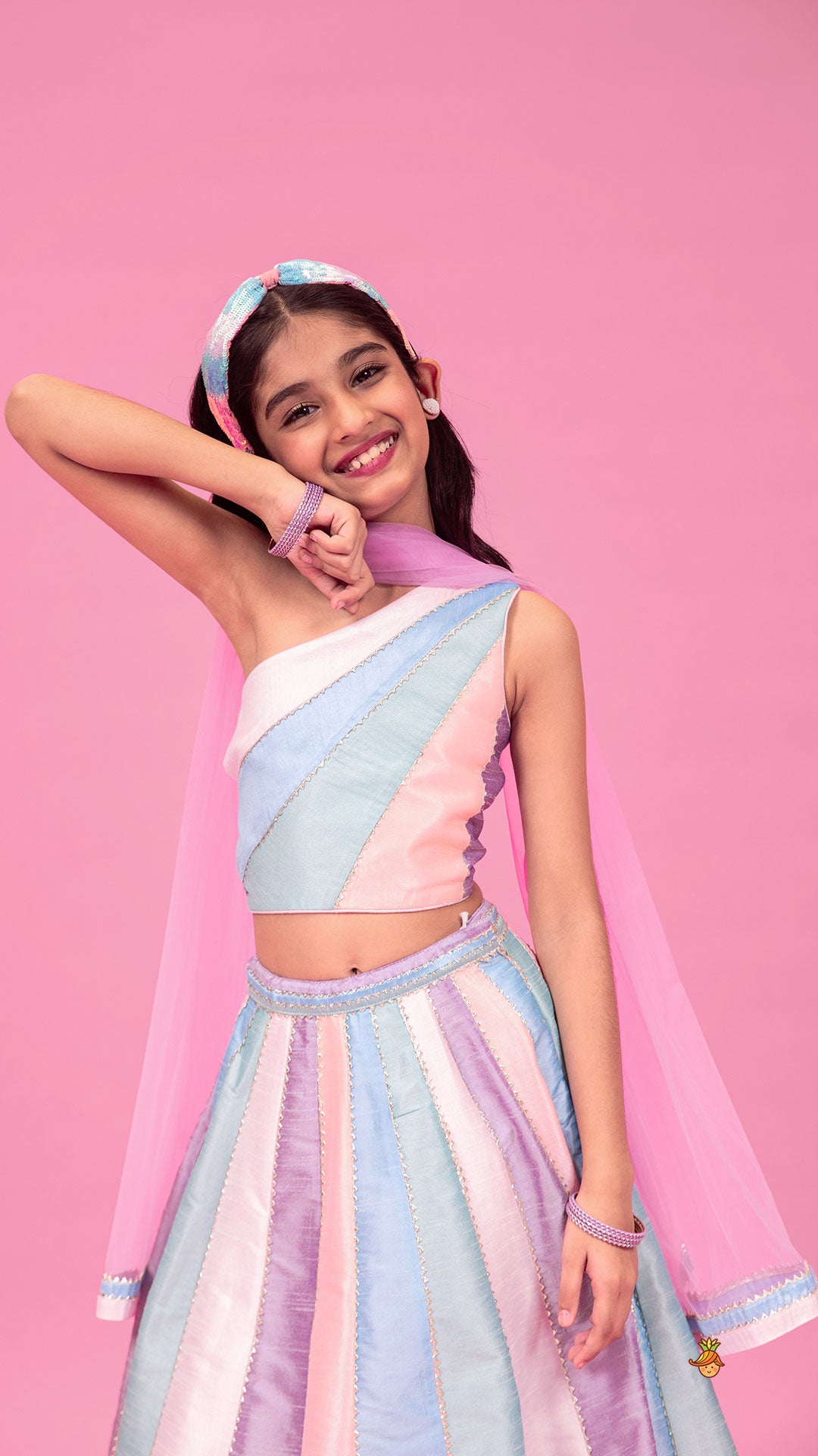 Colour Blocked Multicoloured Top With Lehenga And Dupatta