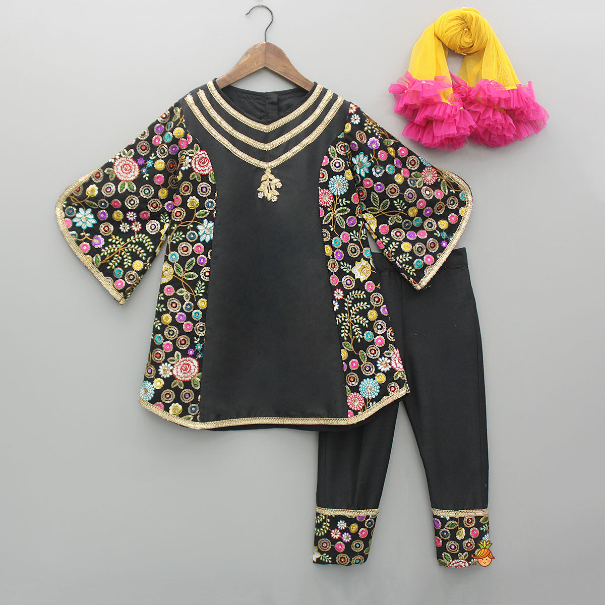 Multicolour Embroidered Black Kurti With Pant And Dupatta