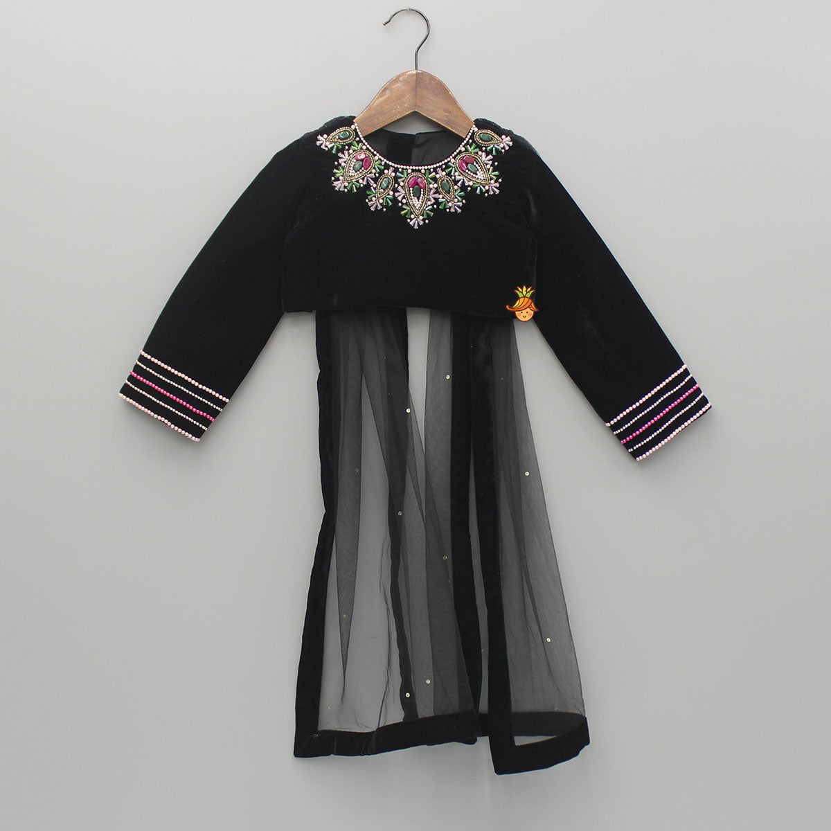 Black Embellished Top With Attached Dupatta And Lehenga