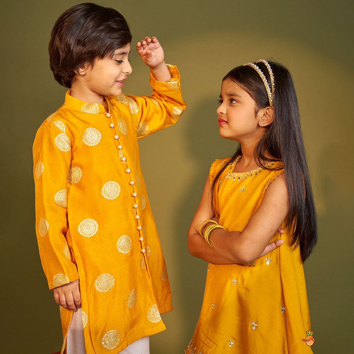 Embroidered Mustard Kurti And Sharara twinning model image 4
