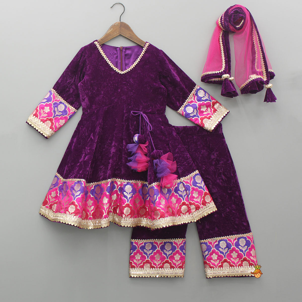 Purple Velvet Lace Detailed Kurti And Pant With Dupatta