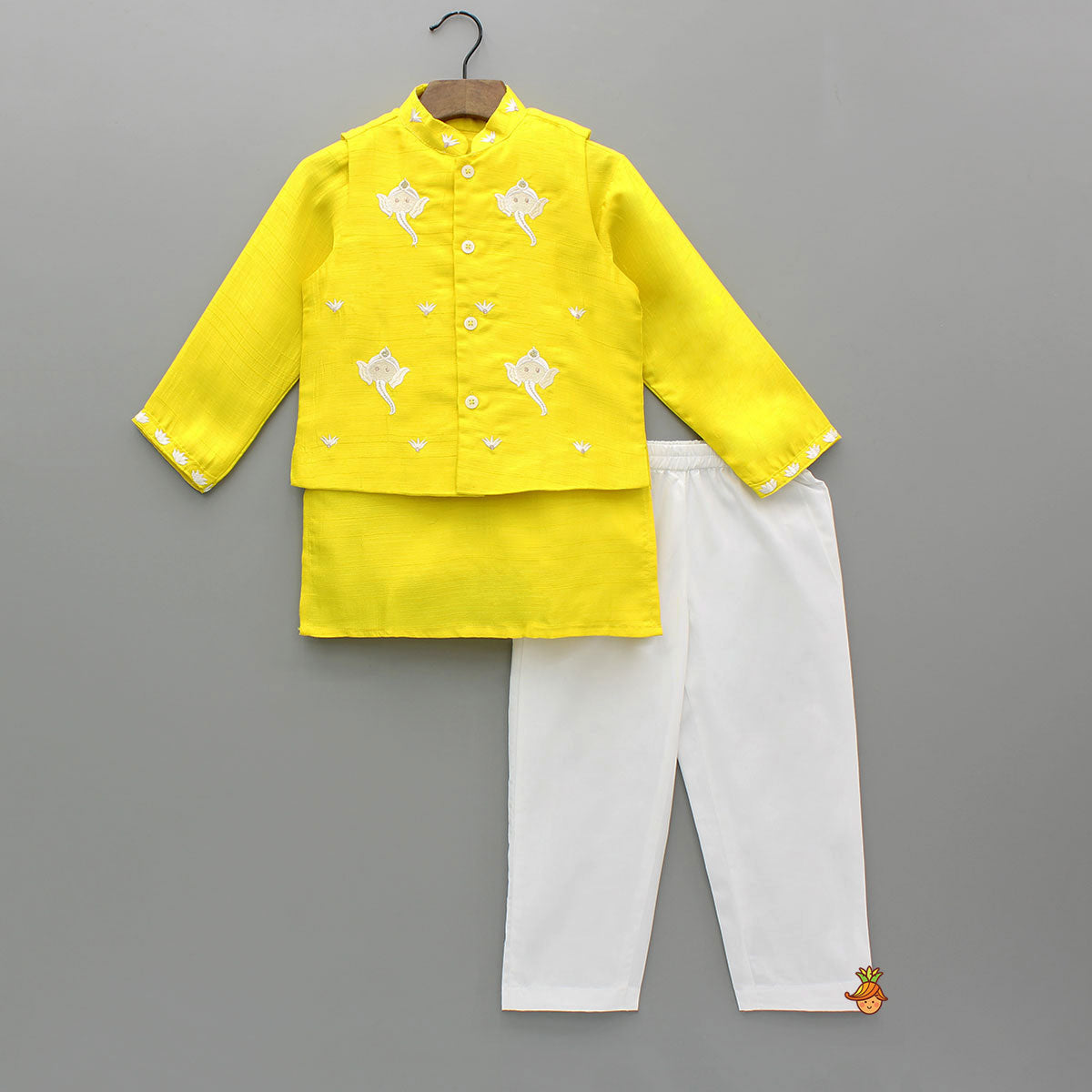 Yellow Ganpati Embroidered Jacket With Matching Kurta And Pyjama