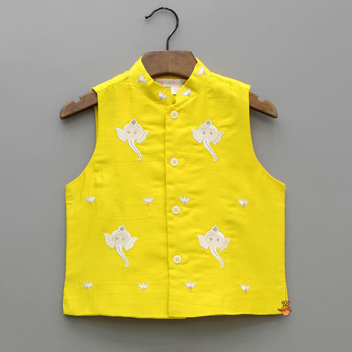 Yellow Ganpati Embroidered Jacket With Matching Kurta And Pyjama