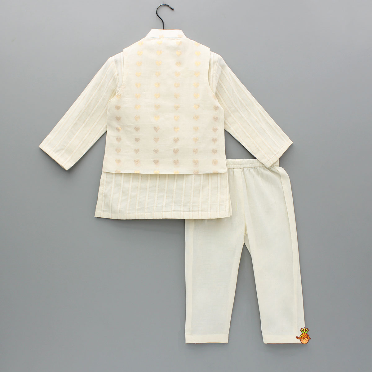 Cream Kurta And Heart Embroidered Jacket With Pyjama