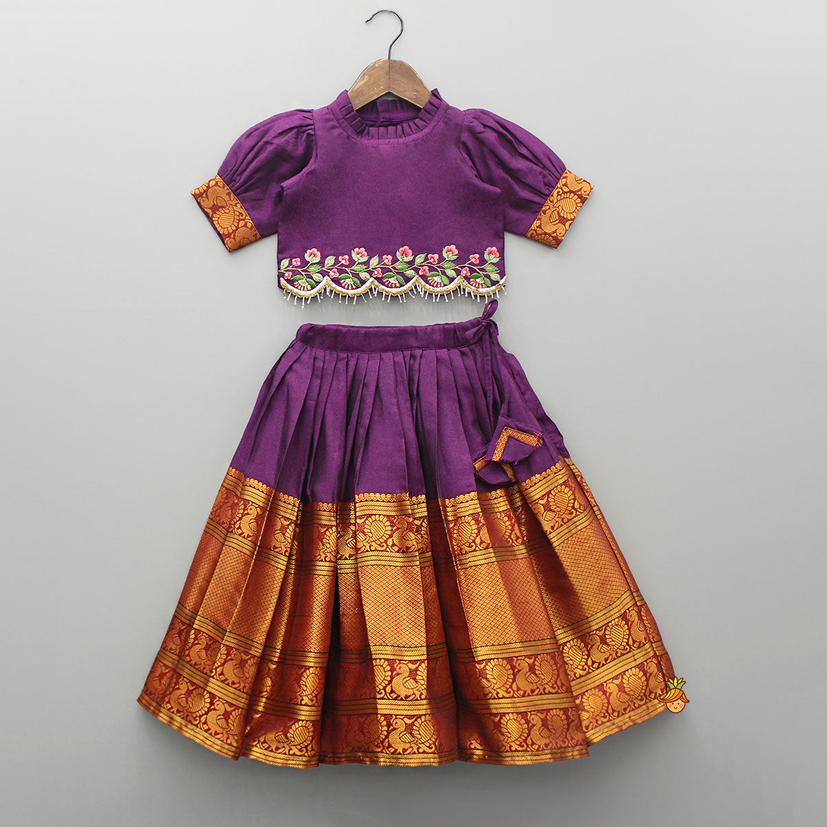 Purple Floral Embroidered Top And Pleated Lehenga