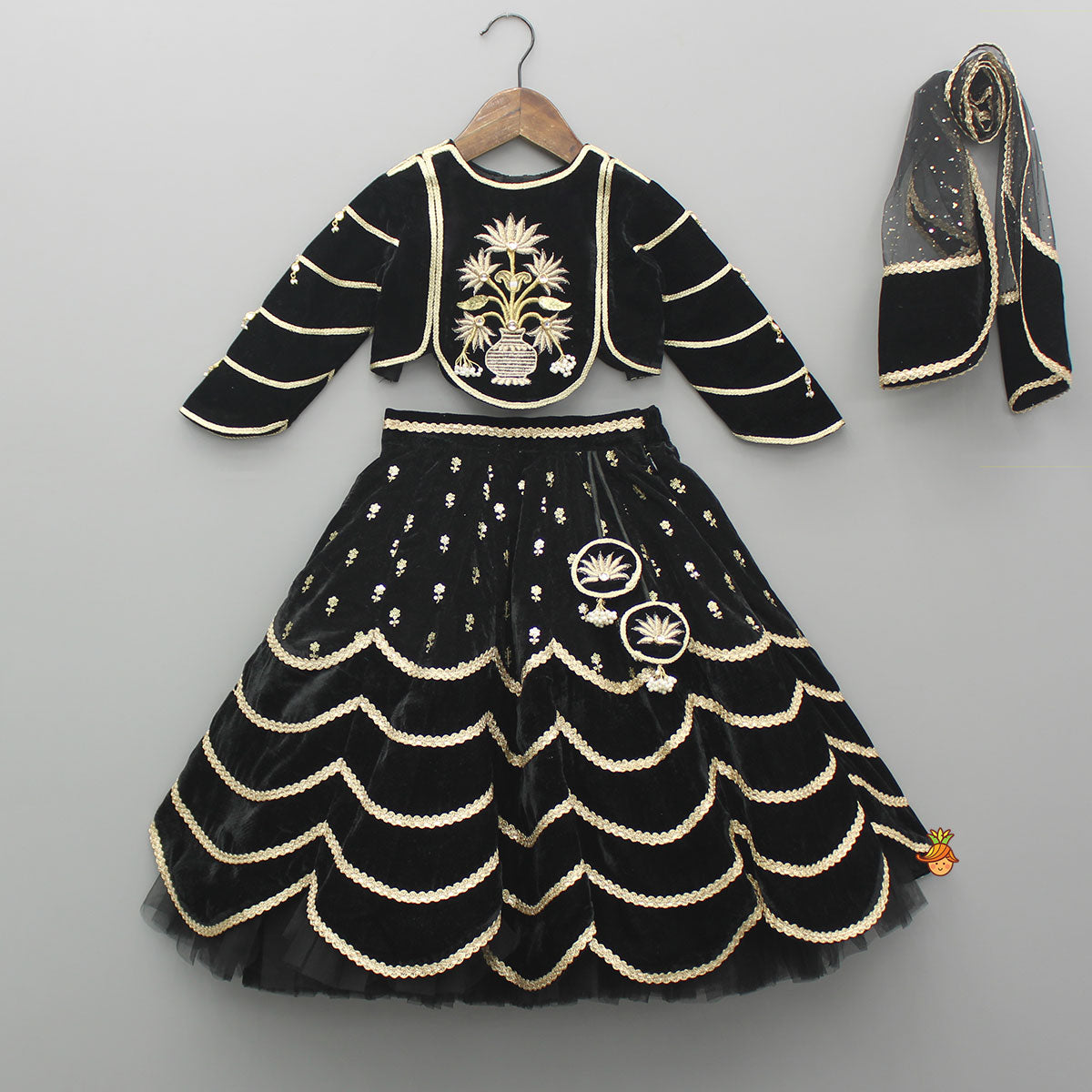 Black Embroidered And Embellished Top With Lehenga And Dupatta