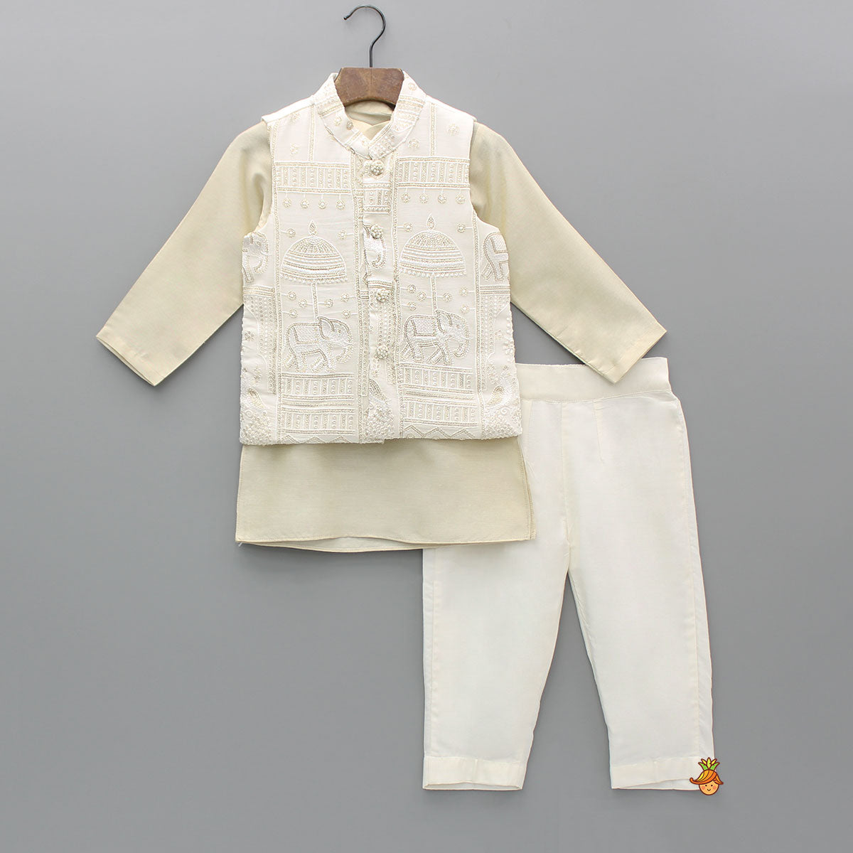 Beige Kurta With Embroidered Jacket And Pant