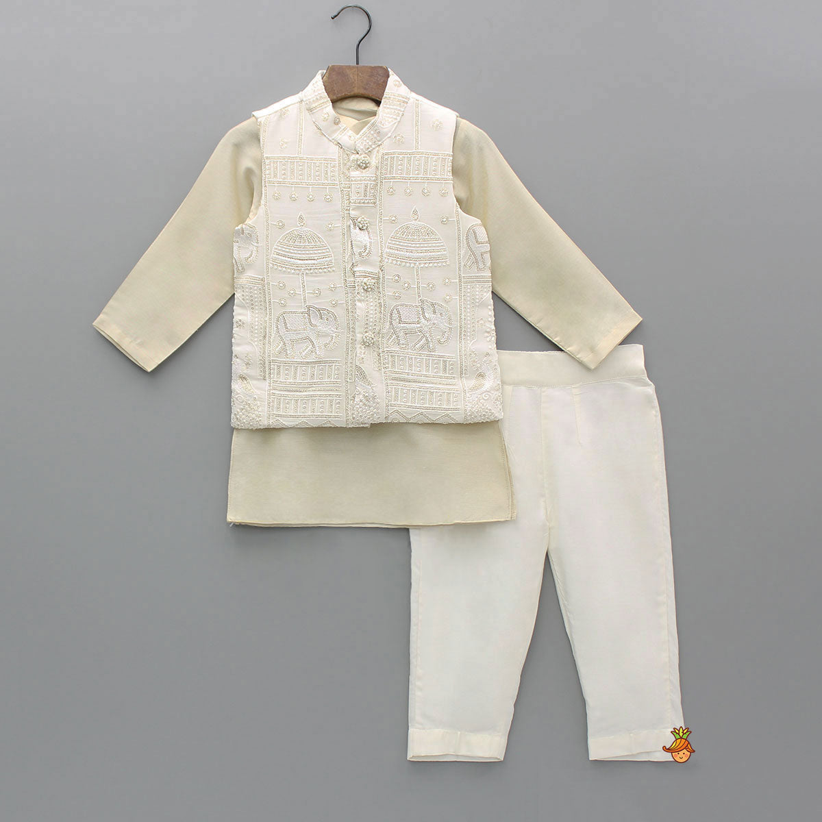 Beige Kurta With Embroidered Jacket And Pant