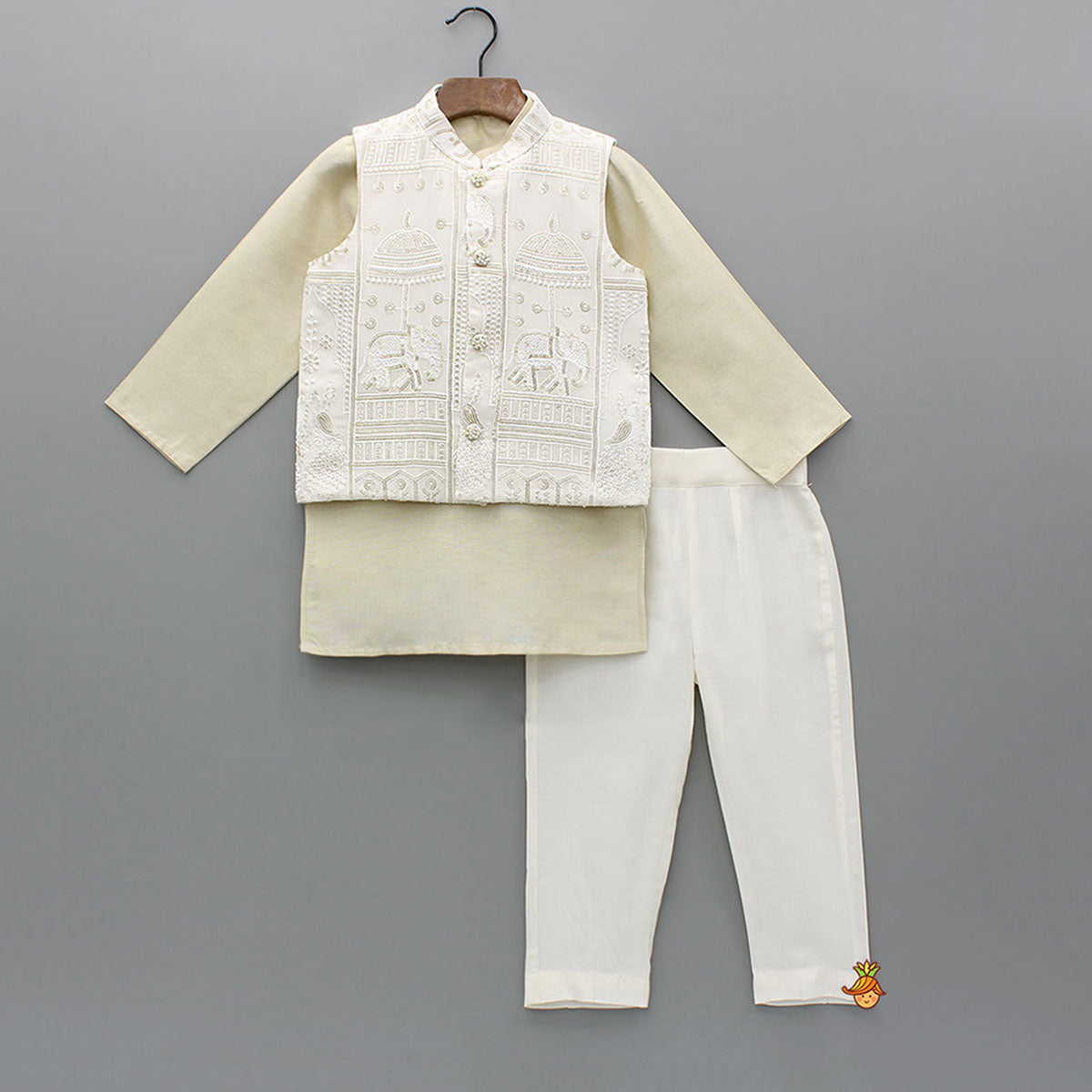 Beige Kurta With Embroidered Jacket And Pant