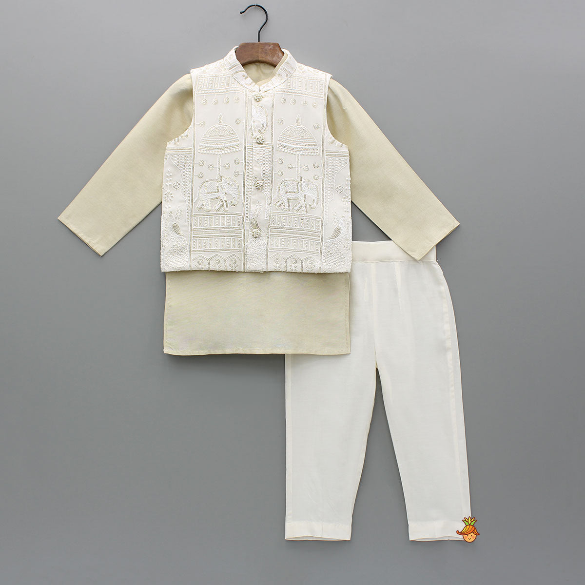 Beige Kurta With Embroidered Jacket And Pant