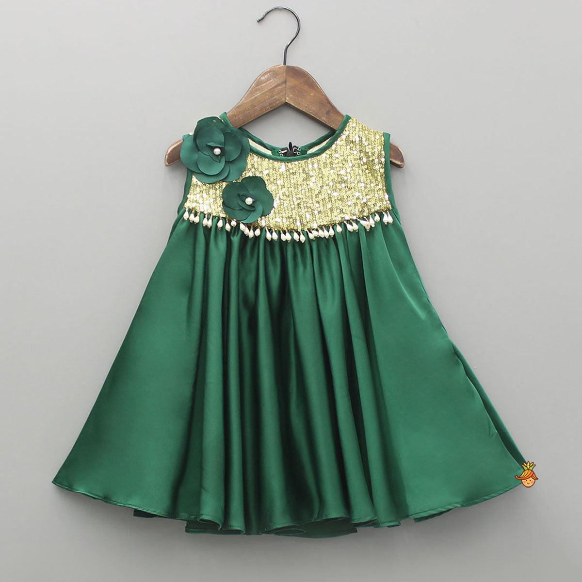 Green Sequin Yoke Embellished Flared Dress