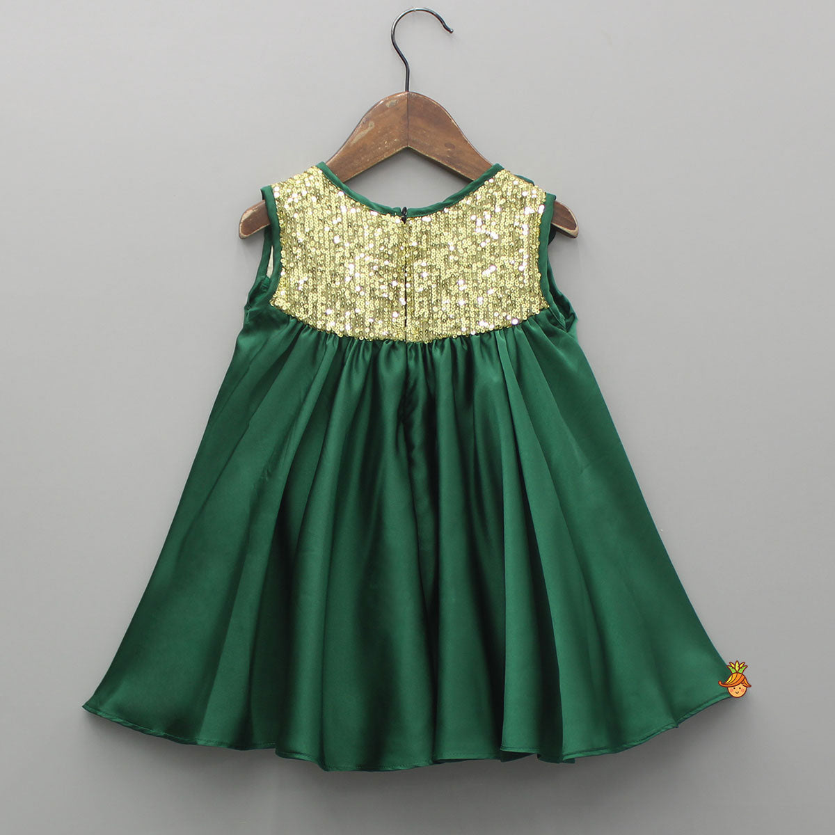 Green Sequin Yoke Embellished Flared Dress