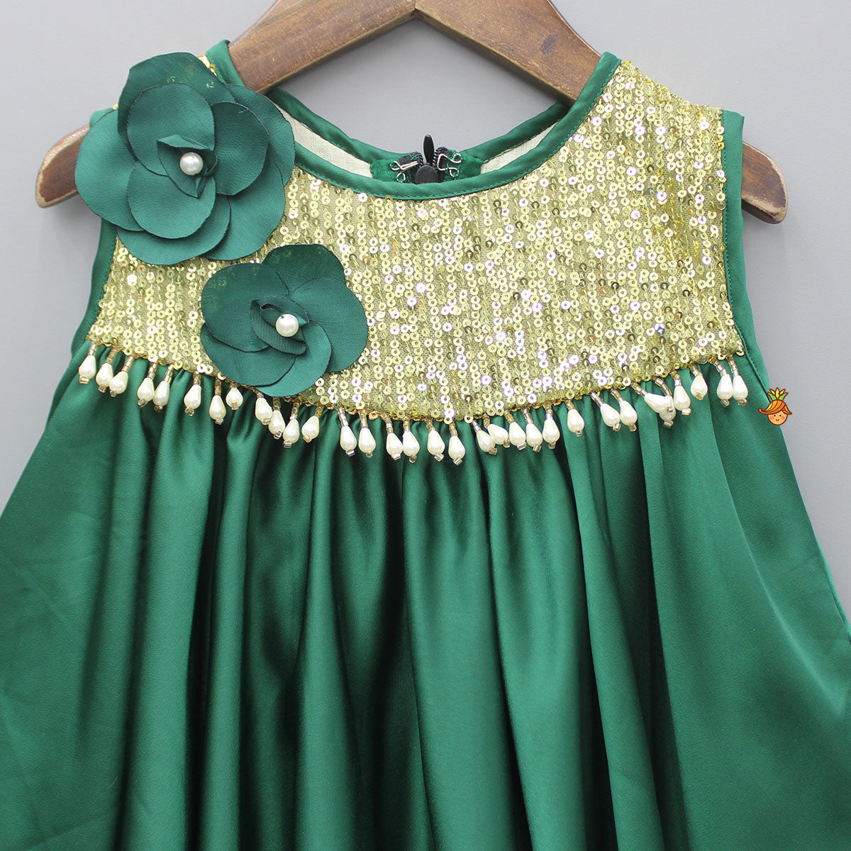 Green Sequin Yoke Embellished Flared Dress