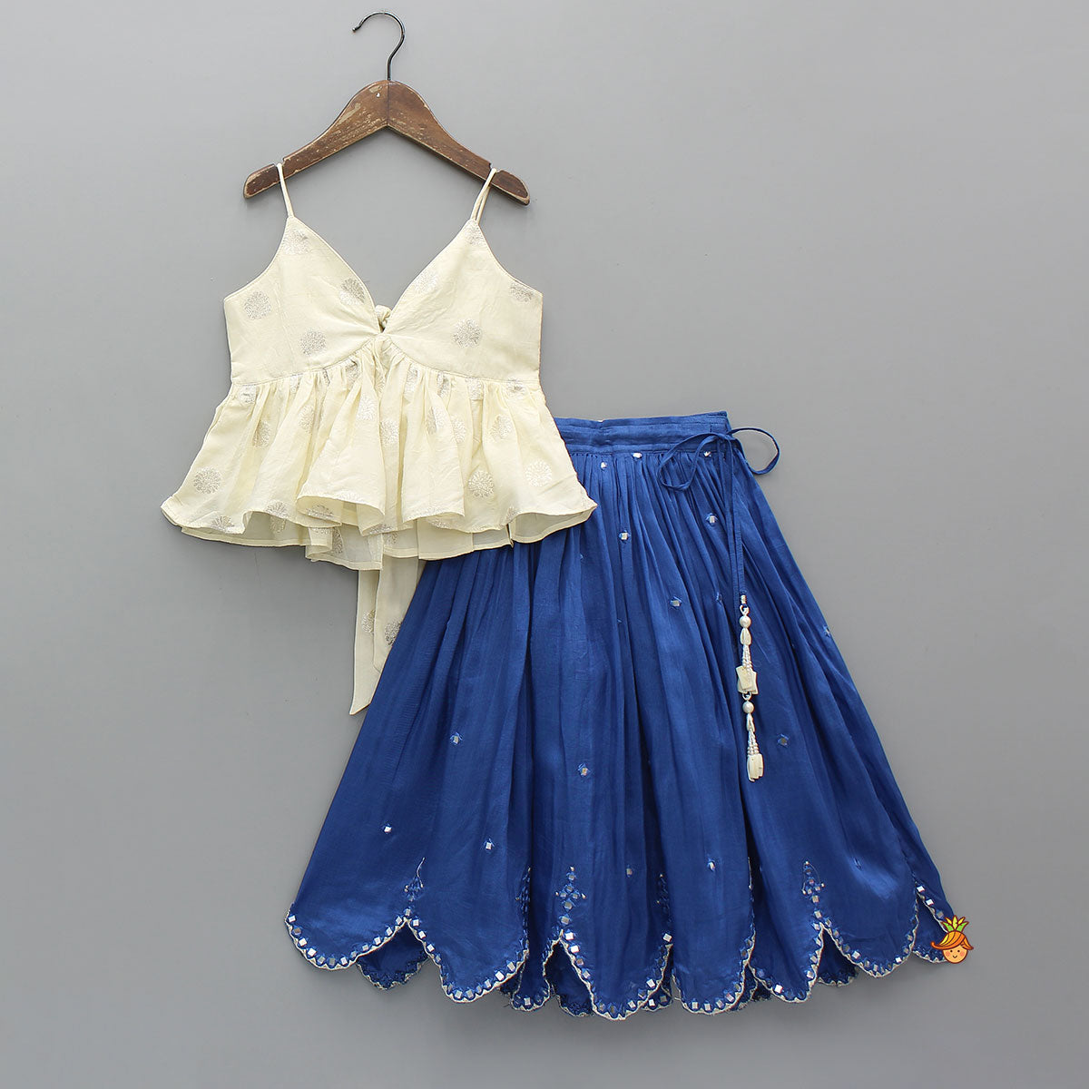 Off White Tie Up Strap Top And Faux Mirror Work Lehenga