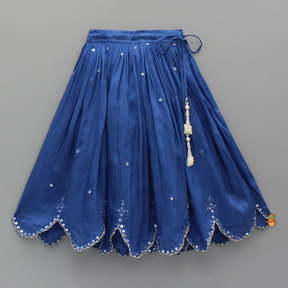 Off White Tie Up Strap Top And Faux Mirror Work Lehenga