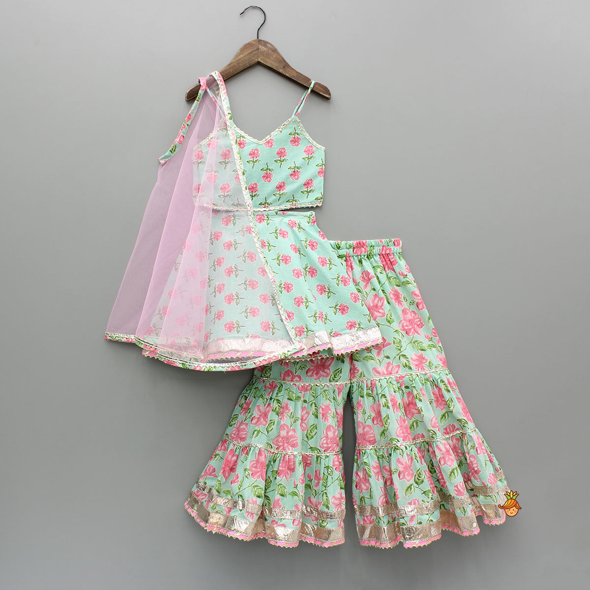 Floral Printed Stylish Backless Kurti With Sharara And Dupatta