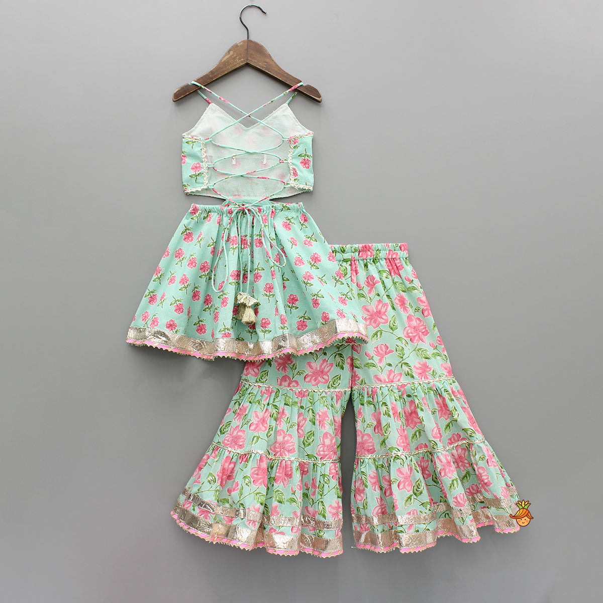 Floral Printed Stylish Backless Kurti With Sharara And Dupatta